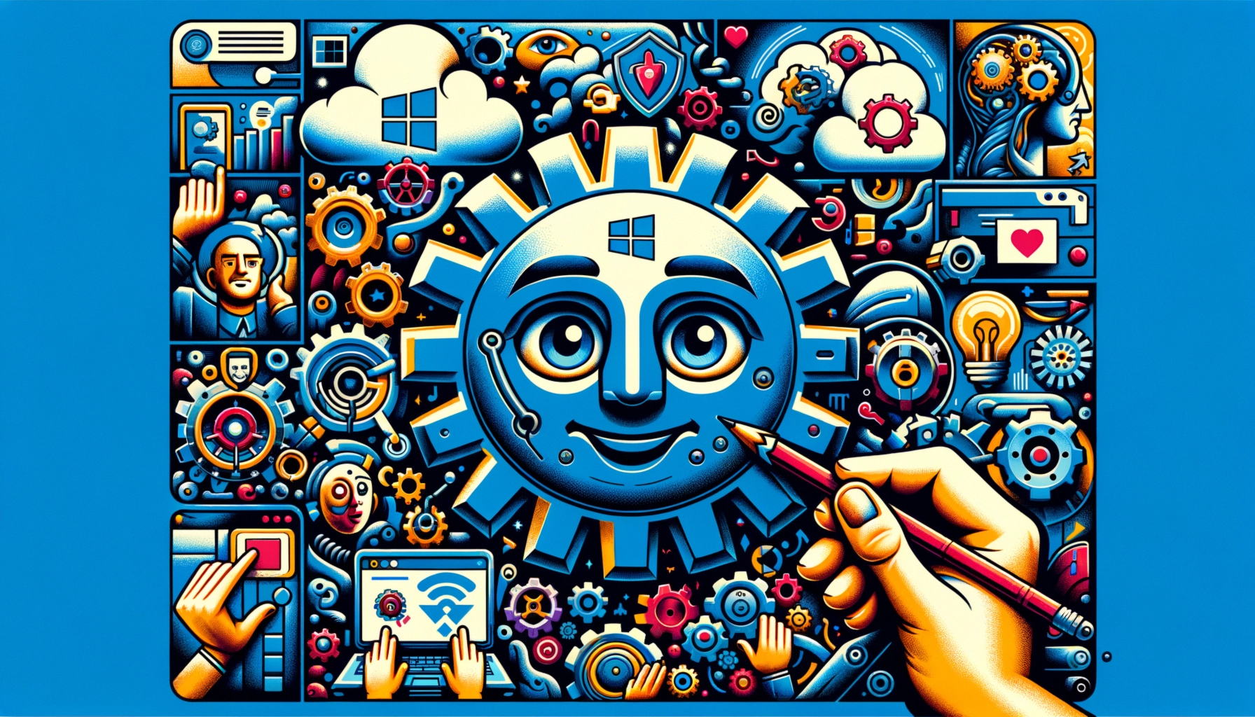 ** Colorful illustration featuring gears, a smiling sun, and tech elements in blue tones.