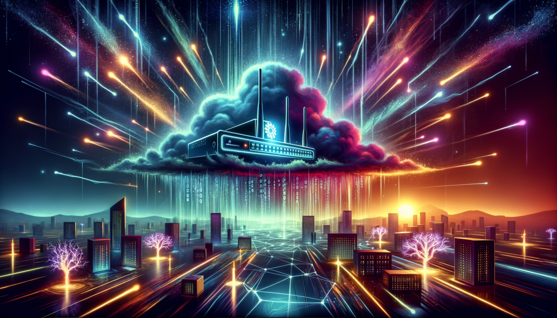 ** Digital cloud with streaming data over a futuristic cityscape at sunset.