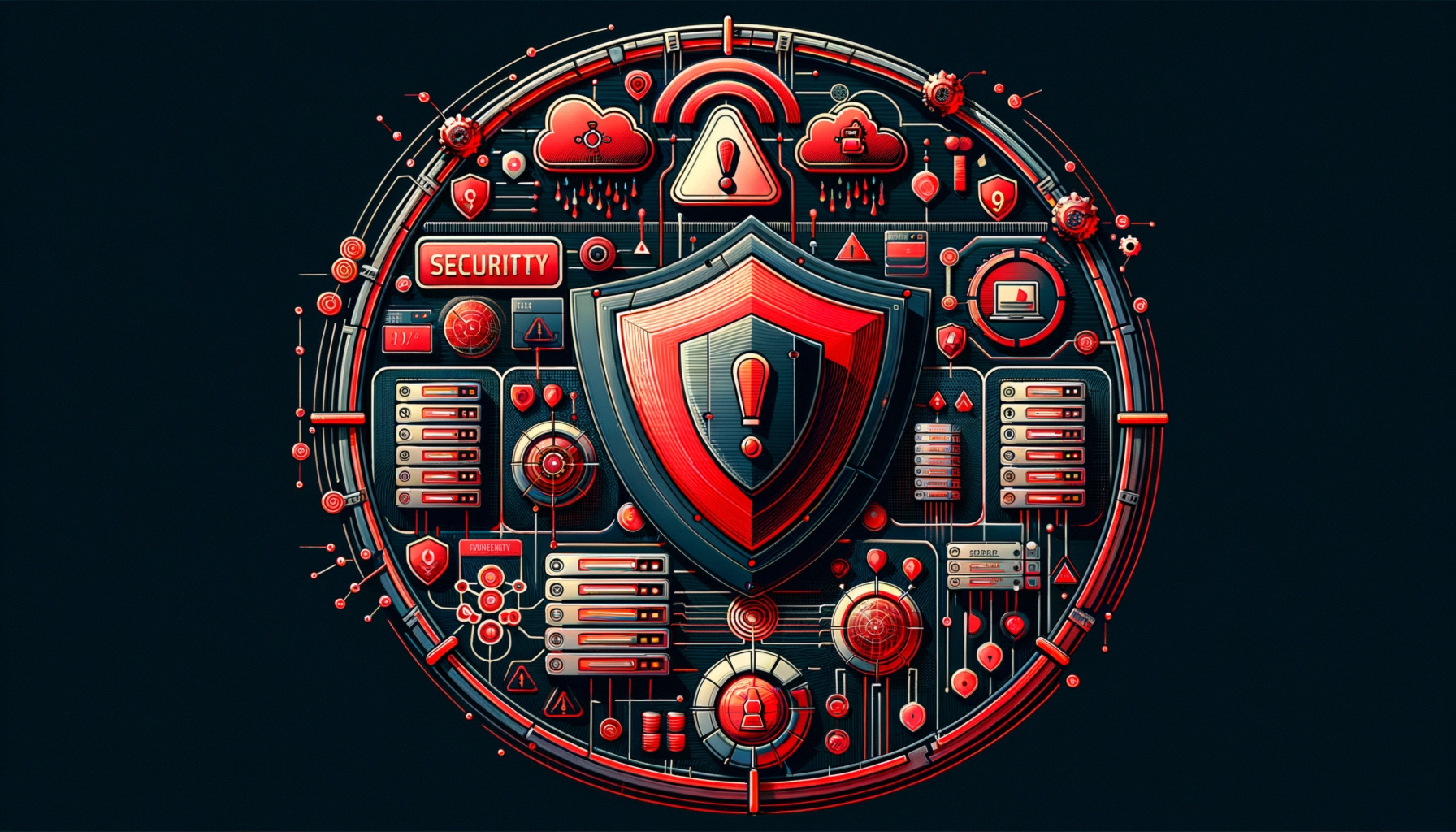 ** Graphic depicting a red and black digital shield symbolizing security, surrounded by various data icons.