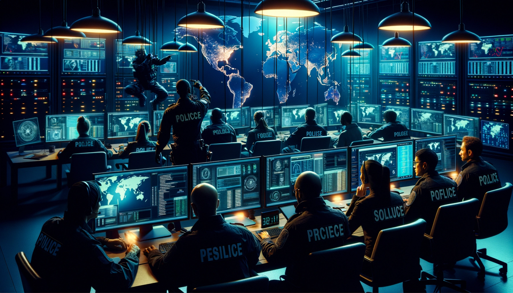 ** A high-tech command center with officers monitoring screens displaying data and a world map.