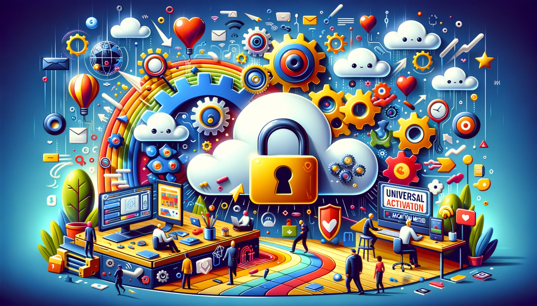 ** Colorful digital landscape featuring gears, clouds, and a lock symbolizing cybersecurity.