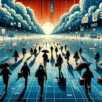 ** A futuristic scene of people walking toward a bright horizon, surrounded by digital icons and clouds.