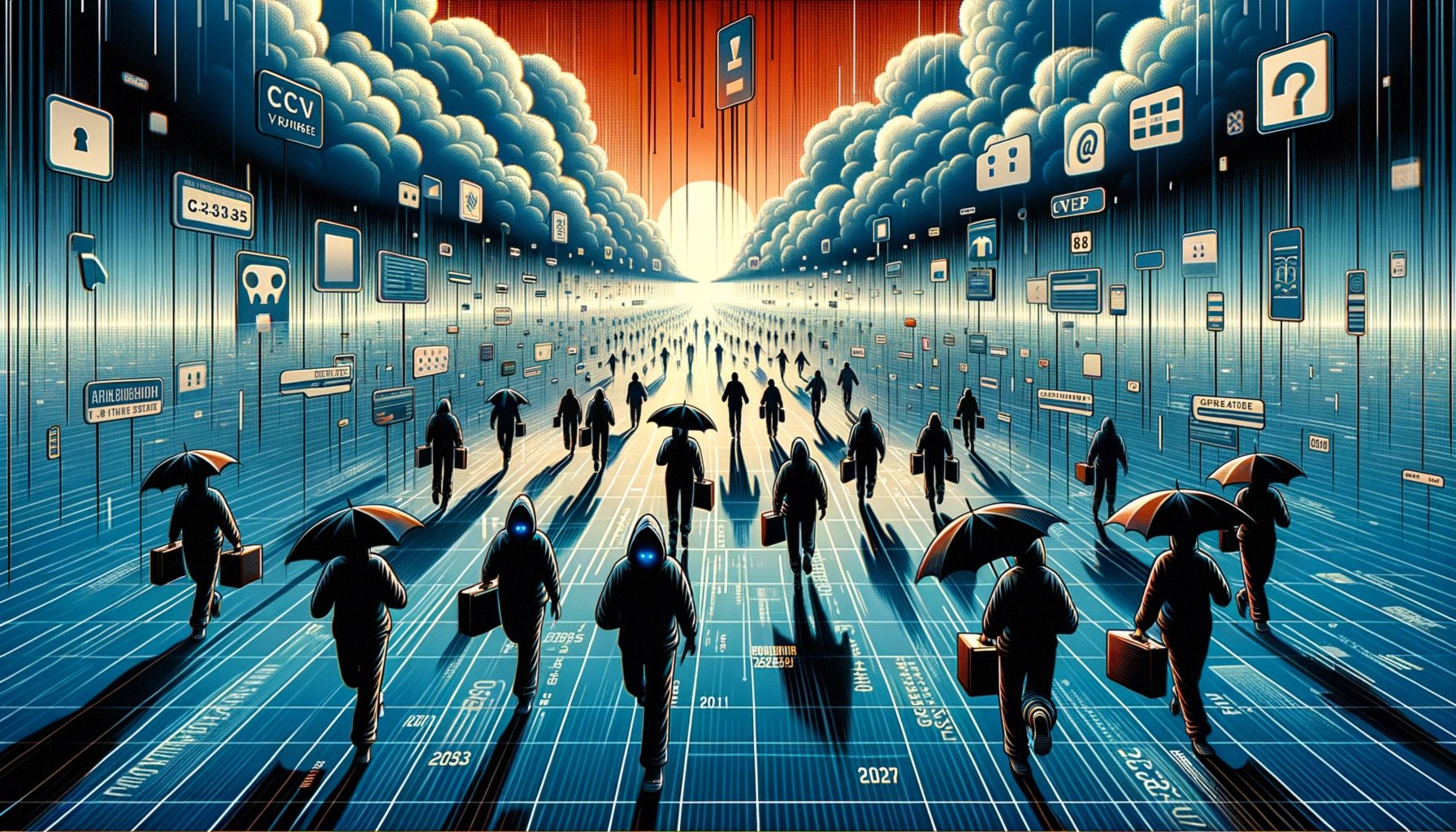 ** A futuristic scene of people walking toward a bright horizon, surrounded by digital icons and clouds.