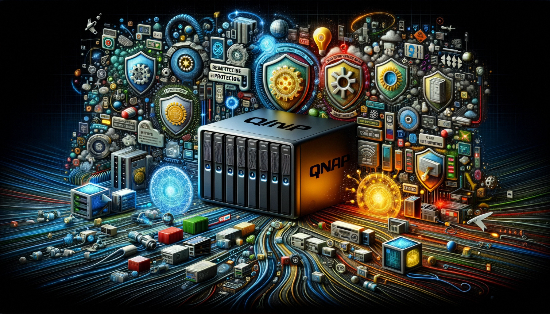 ** A vibrant digital collage featuring a QNAP server surrounded by network and security icons.