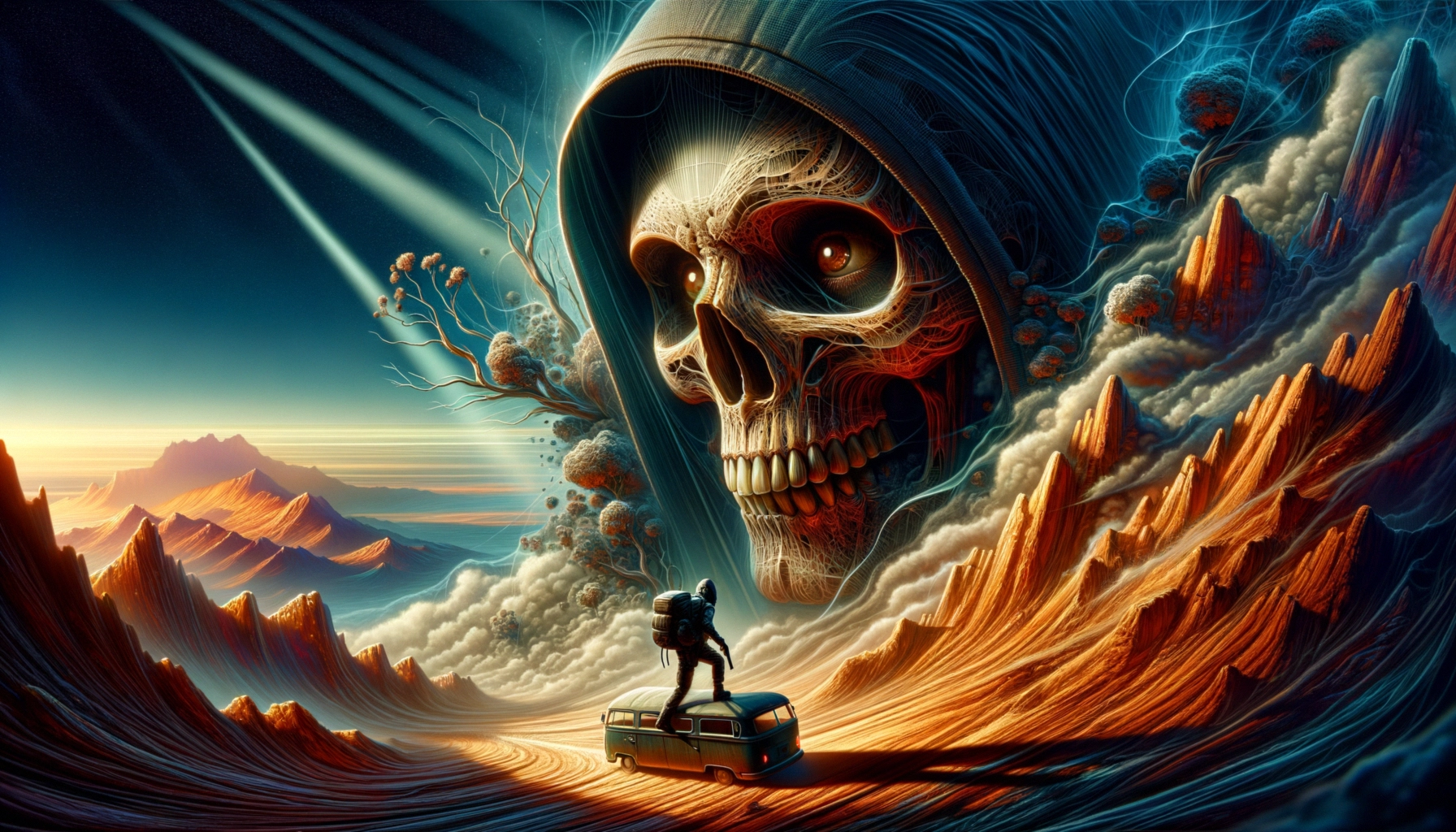 A surreal landscape featuring a giant skull and a lone figure with a van.