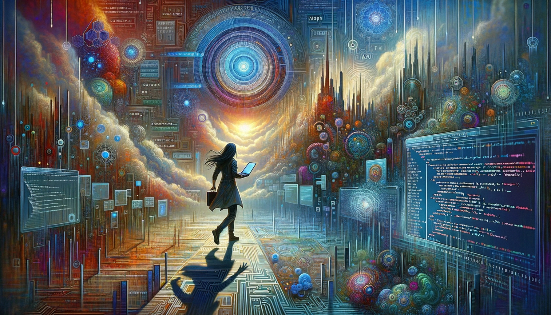 ** A figure with long hair walks on a digital path towards a bright, swirling vortex, surrounded by colorful data and clouds.