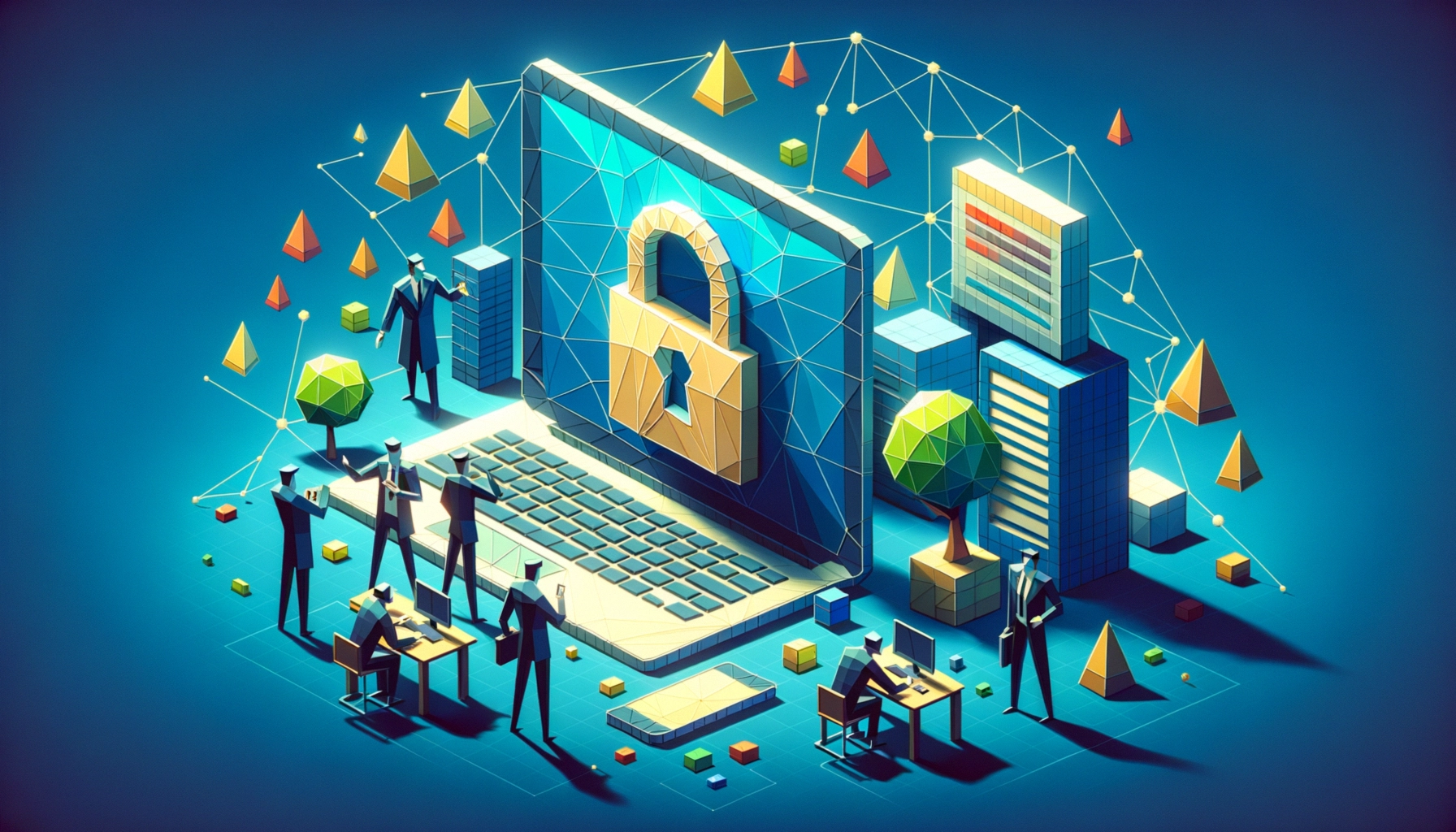 ** Illustration of a laptop with a padlock, surrounded by abstract shapes and people representing cybersecurity.