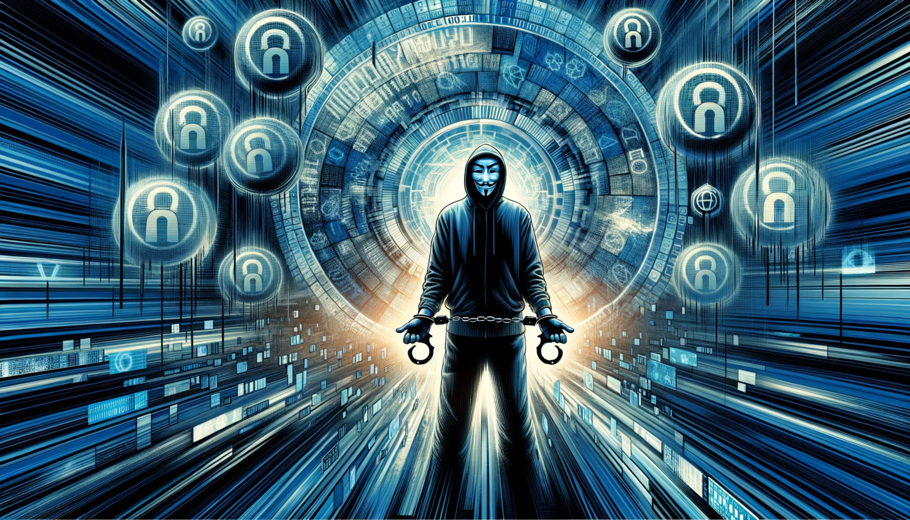 ** A hooded figure with handcuffs stands in a digital vortex of blue light and lock icons.