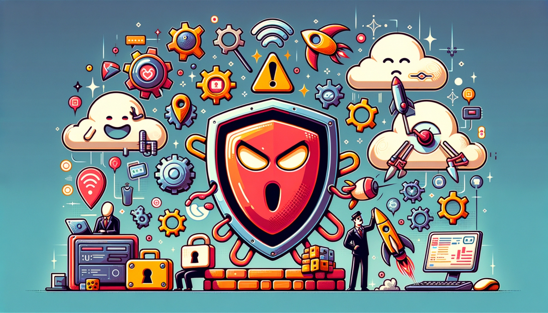 ** Colorful digital illustration of cybersecurity themes with shields, clouds, and gears.