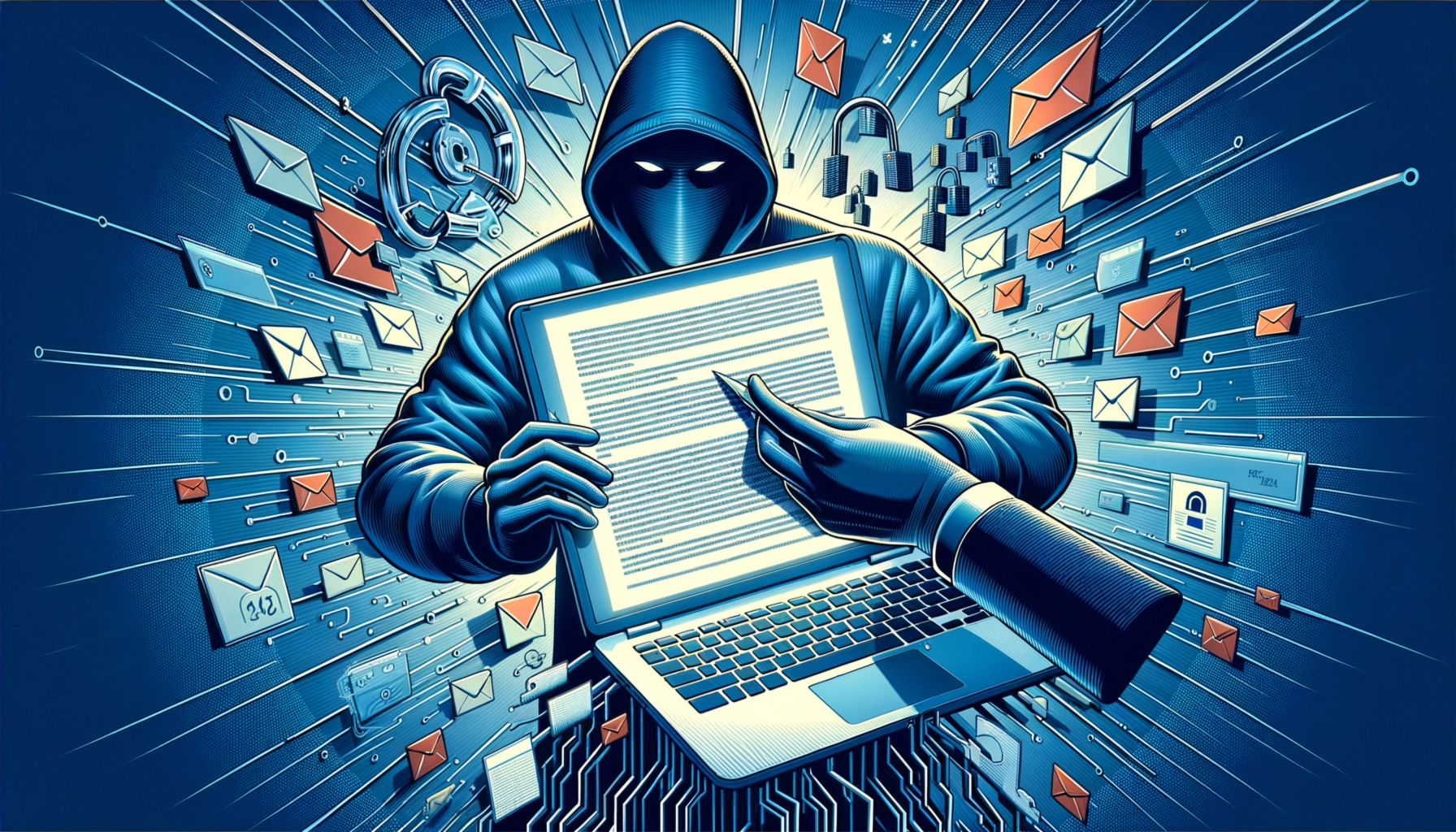 A hooded figure holding a laptop surrounded by digital security icons and emails.