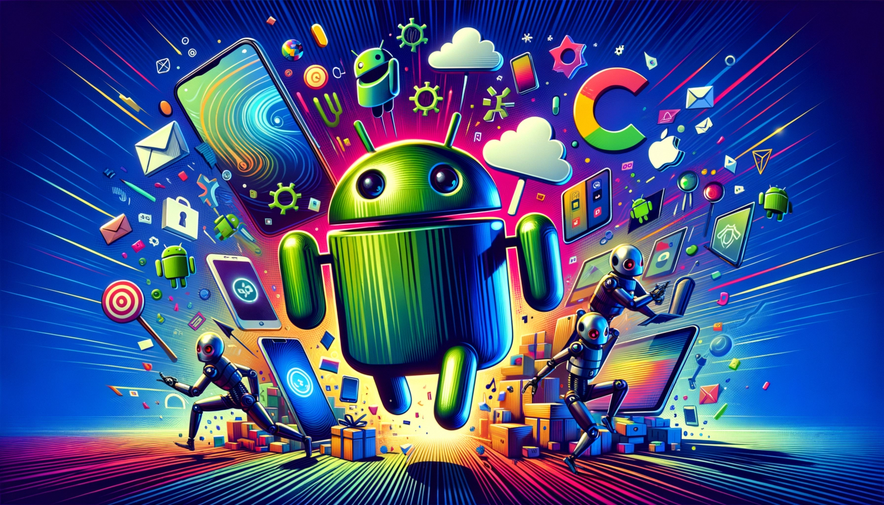 A vibrant graphic featuring a green robot, devices, and icons symbolizing technology and innovation.