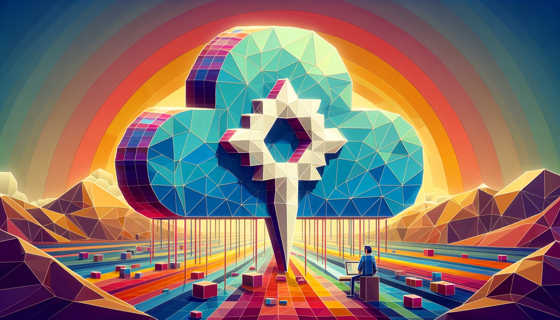 ** A geometric cloud with a man working on a laptop in a colorful landscape.