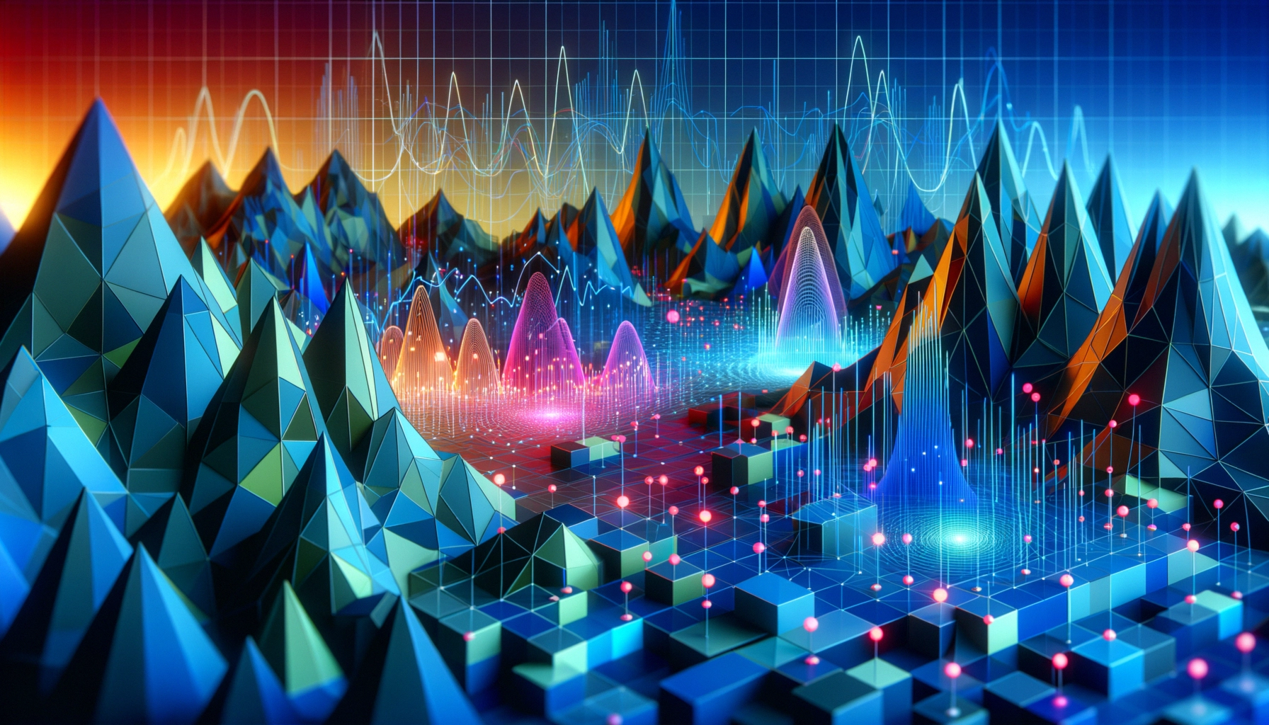 ** Abstract landscape with vibrant peaks and data waveforms in blue, pink, and orange hues.