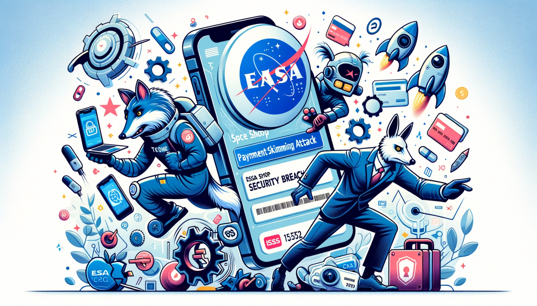 ** Stylized cartoon featuring animal characters and security themes with a smartphone.