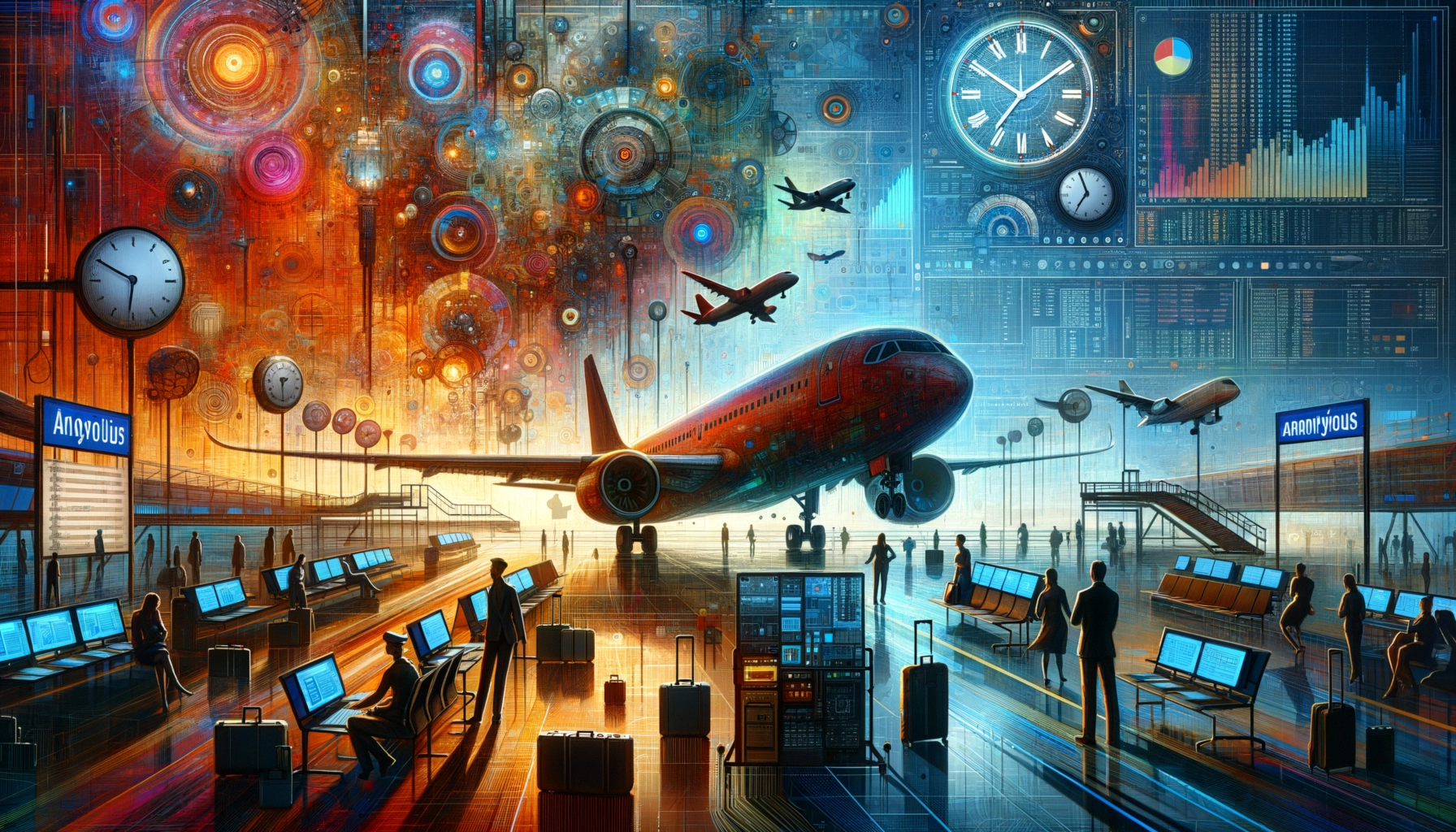 ** A vibrant airport scene with futuristic elements, planes, and waiting passengers.