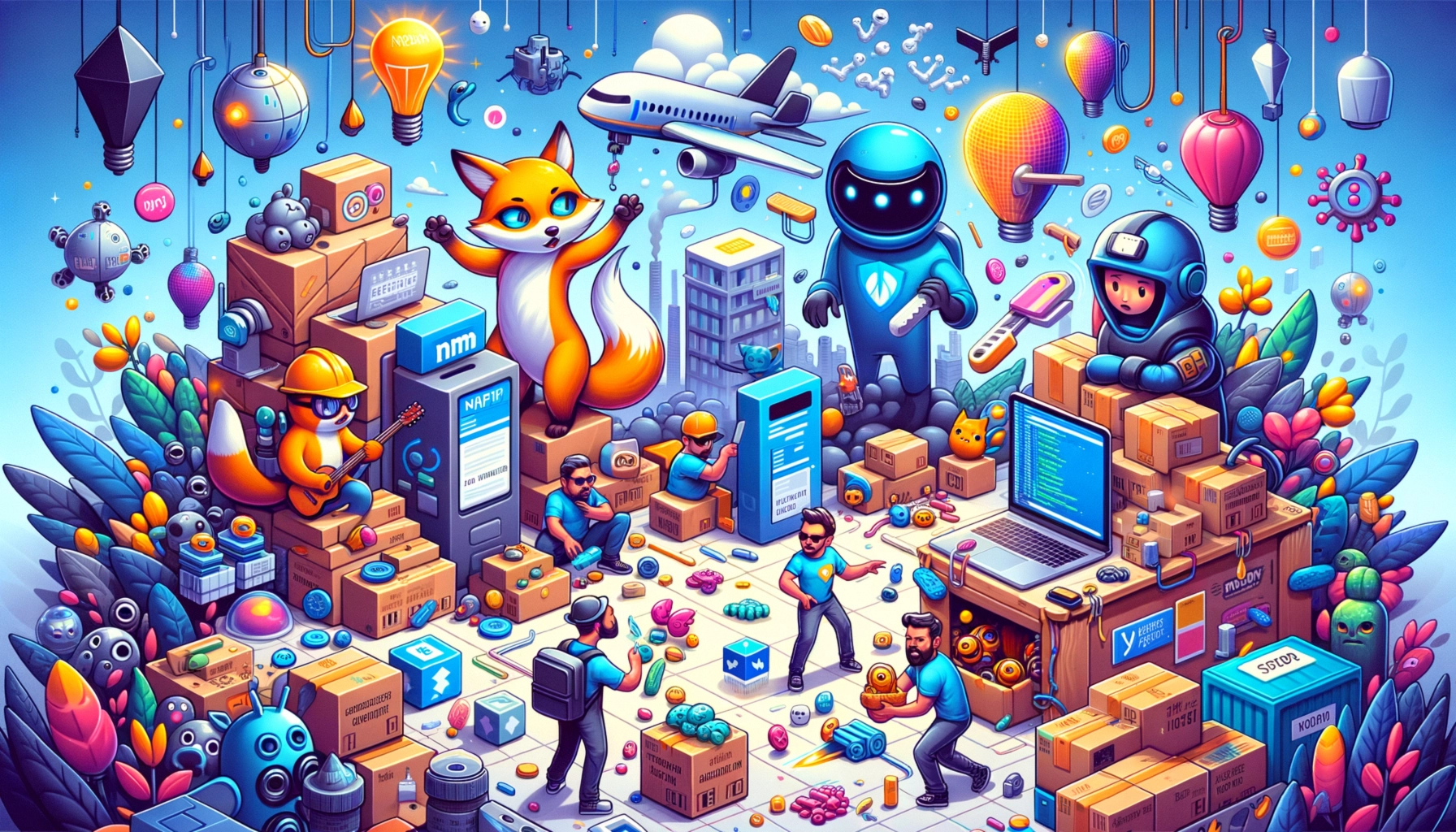 ** A colorful digital scene with animated characters, boxes, and floating objects, set in a tech-themed environment.