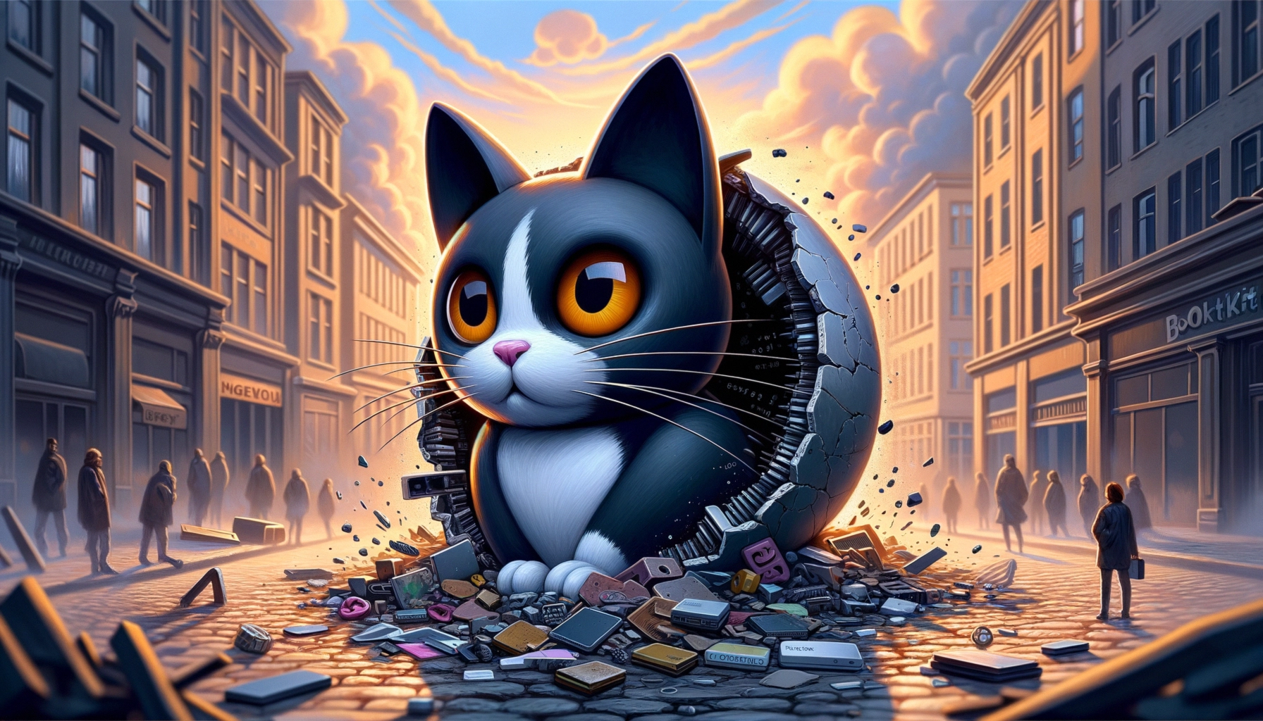 ** Cartoon cat emerging from a broken wall in a street lined with buildings and shadowy figures.