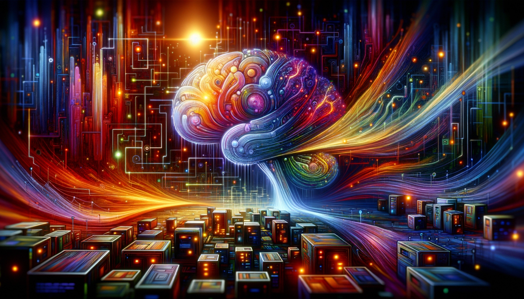 ** Colorful brain emitting vibrant streams of data toward a cityscape.