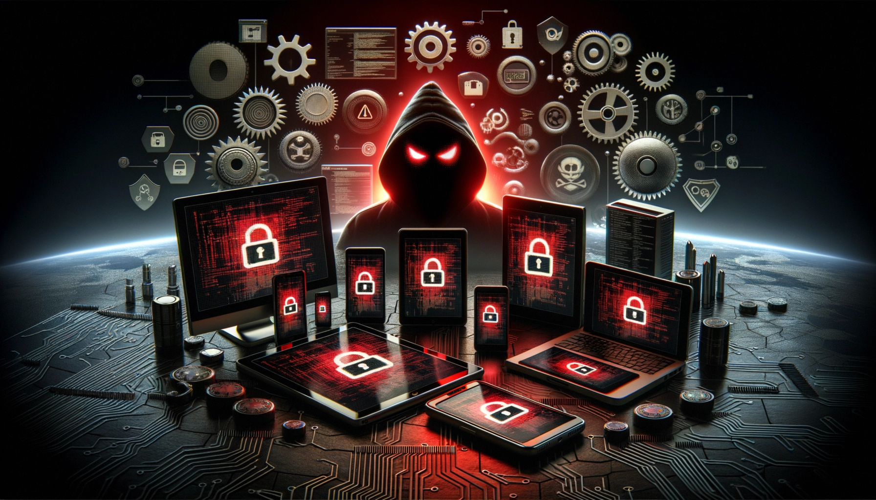 ** Dark scene featuring a hooded figure surrounded by locked devices and cyber symbols.