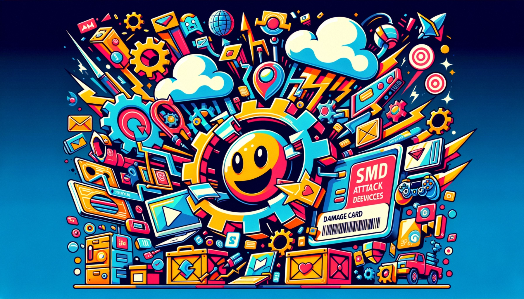 ** Bright, colorful graphic with gears, clouds, and playful icons like a smiley face and packages.