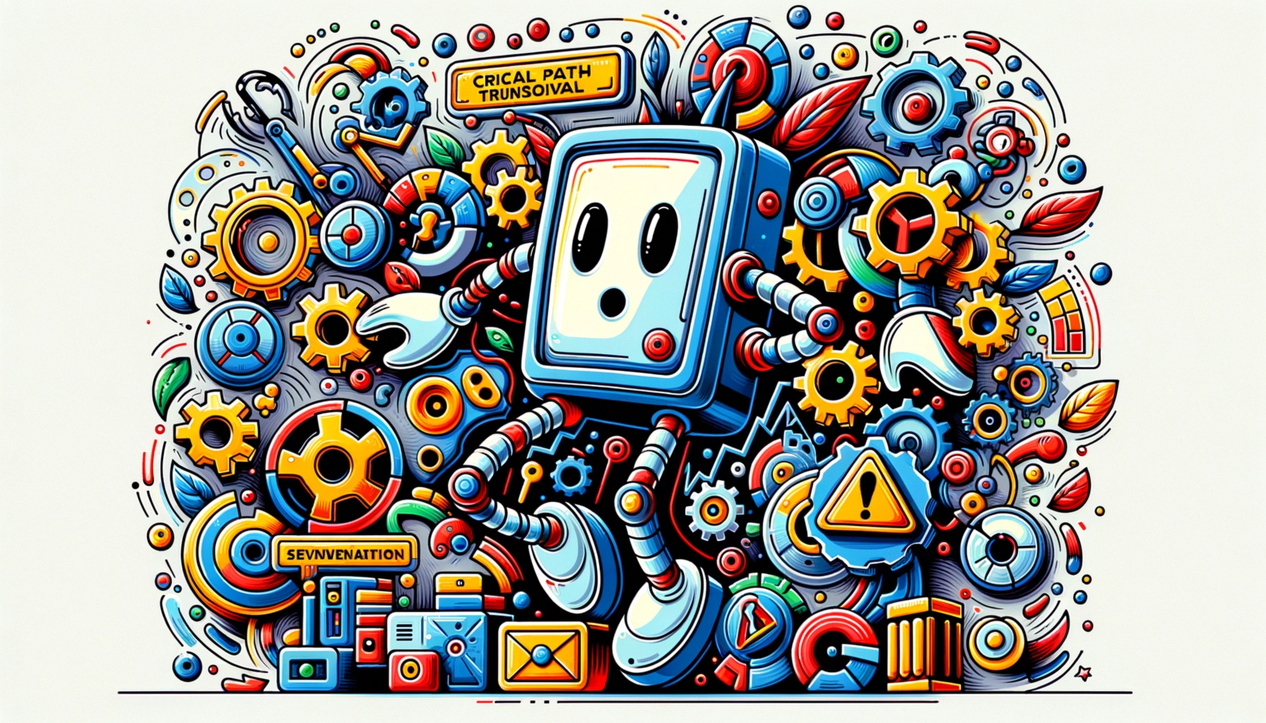 ** Colorful robot surrounded by gears, wires, and various mechanical elements.