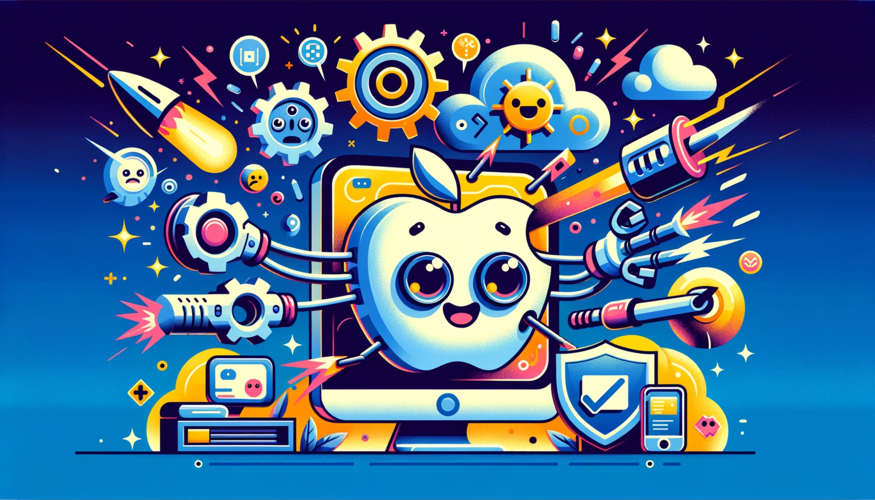 ** Cartoonish apple character amidst tech elements, bursting with colorful gadgets and playful energy.