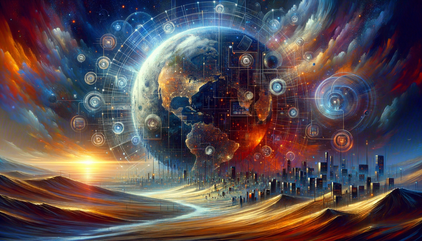 ** A vibrant digital artwork of Earth above a futuristic cityscape with swirling colors and data elements.