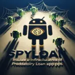 Grafik mit Android-Maskottchen und Spinnennetzen, Titel "SPYLOAN".