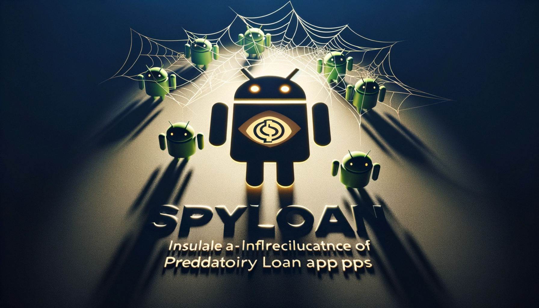 ** Colorful robotic Android figures surround a central logo with spider webs, hinting at predatory loan apps.