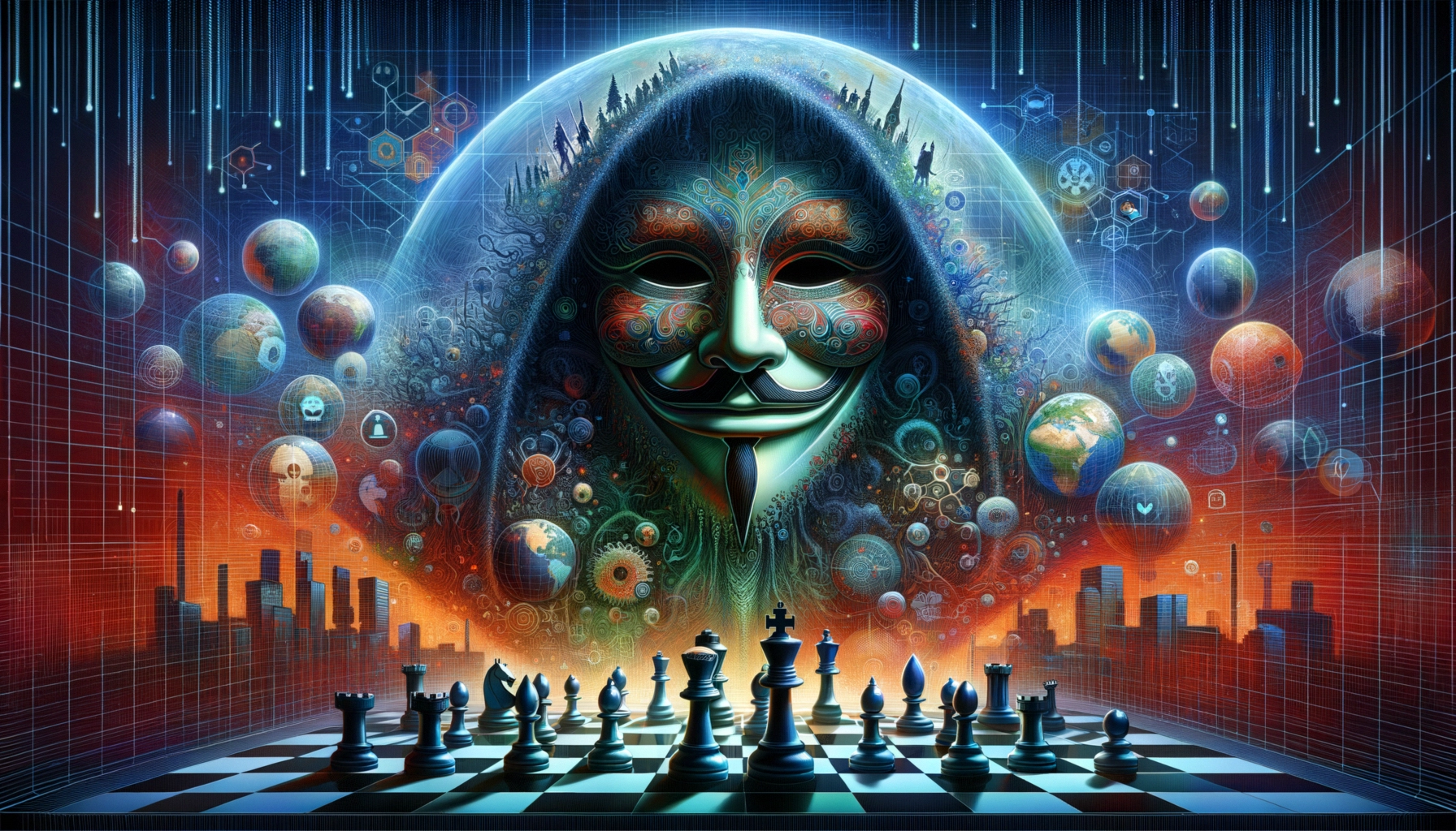 ** A vibrant, surreal scene with a masked figure, planets, and a chessboard.