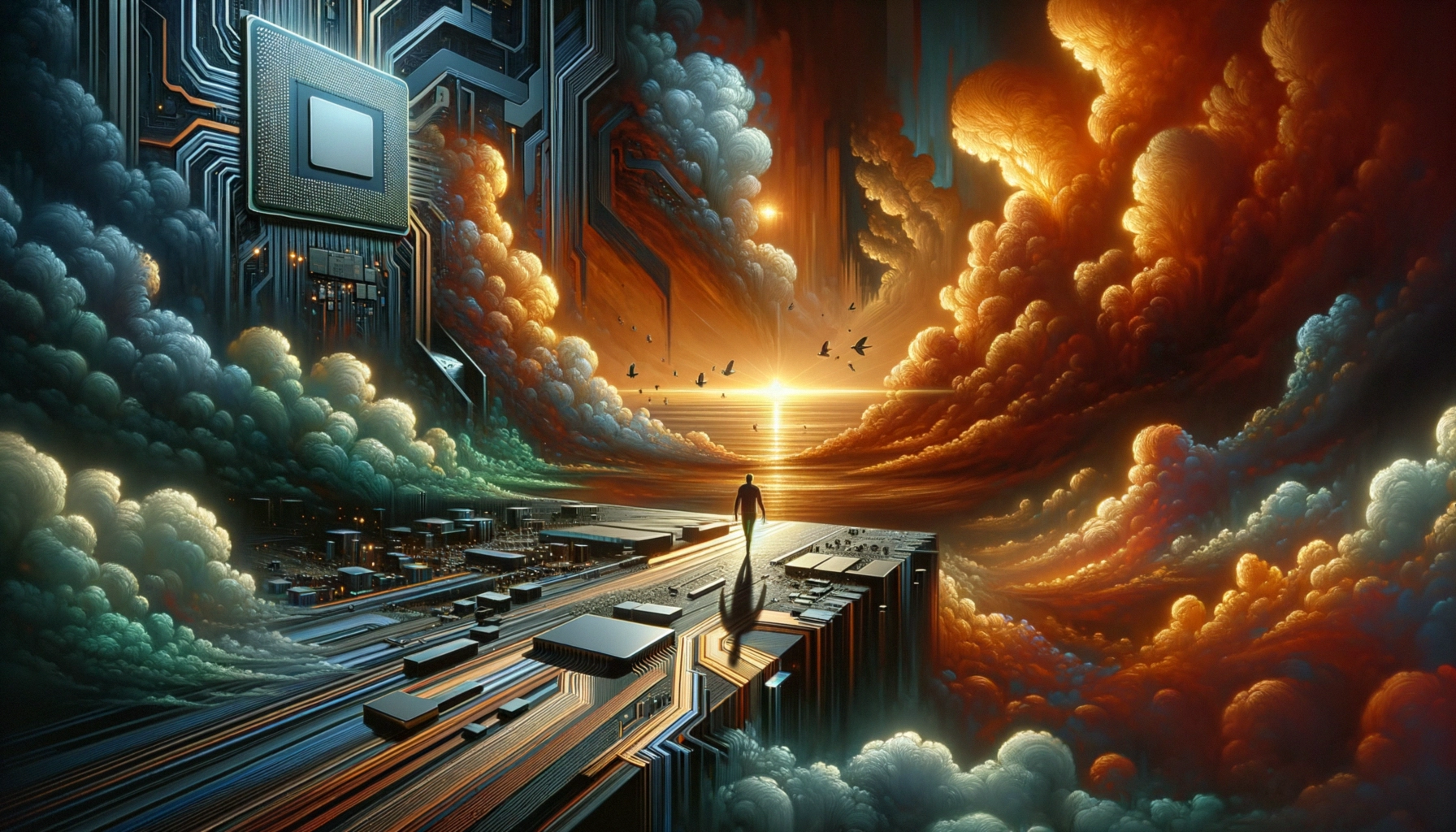 ** A figure stands on a tech-inspired landscape beneath vibrant clouds at sunset.