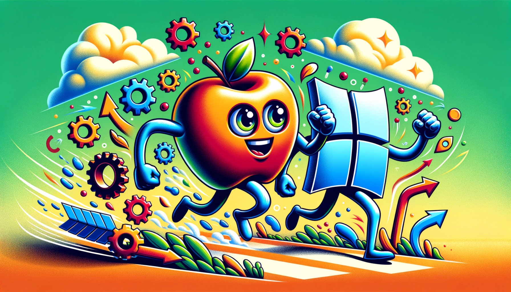 ** A cheerful apple and a Windows logo character racing forward amidst colorful gears and arrows.