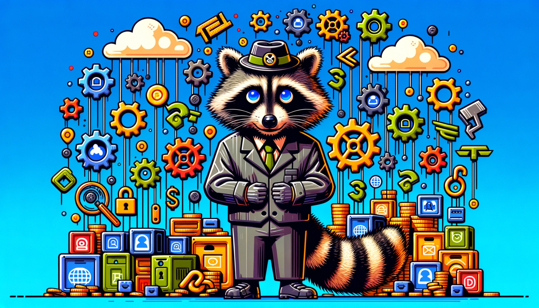 ** A raccoon in a suit stand among colorful gears and digital icons against a blue backdrop.