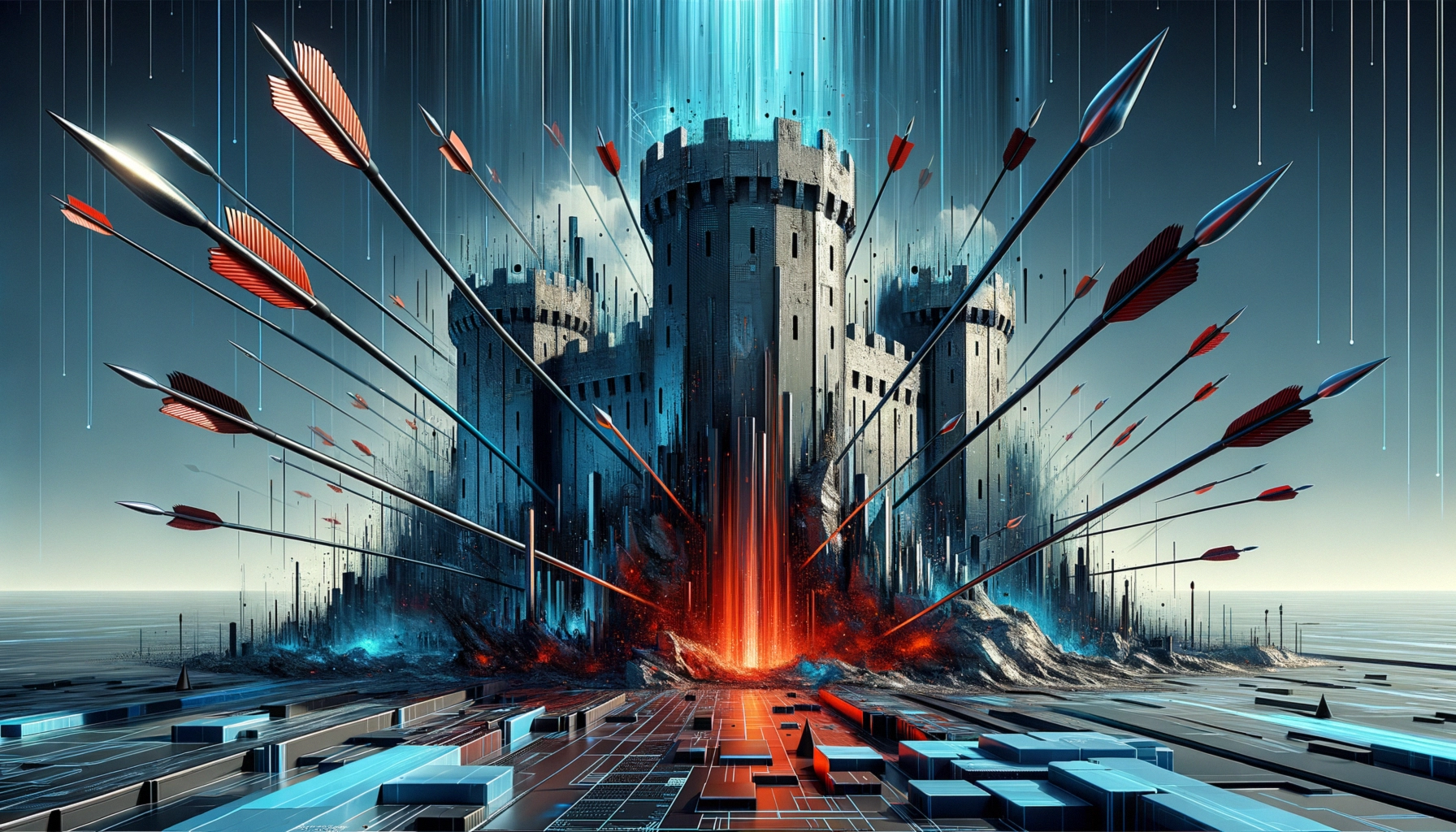 ** A futuristic castle under attack, with arrows striking from all directions and a fiery foreground.