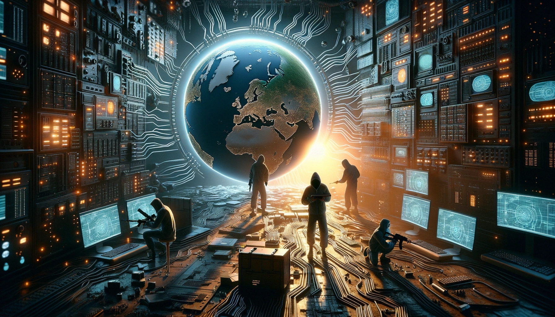 ** A futuristic scene with a glowing Earth, silhouetted figures, and high-tech surroundings.