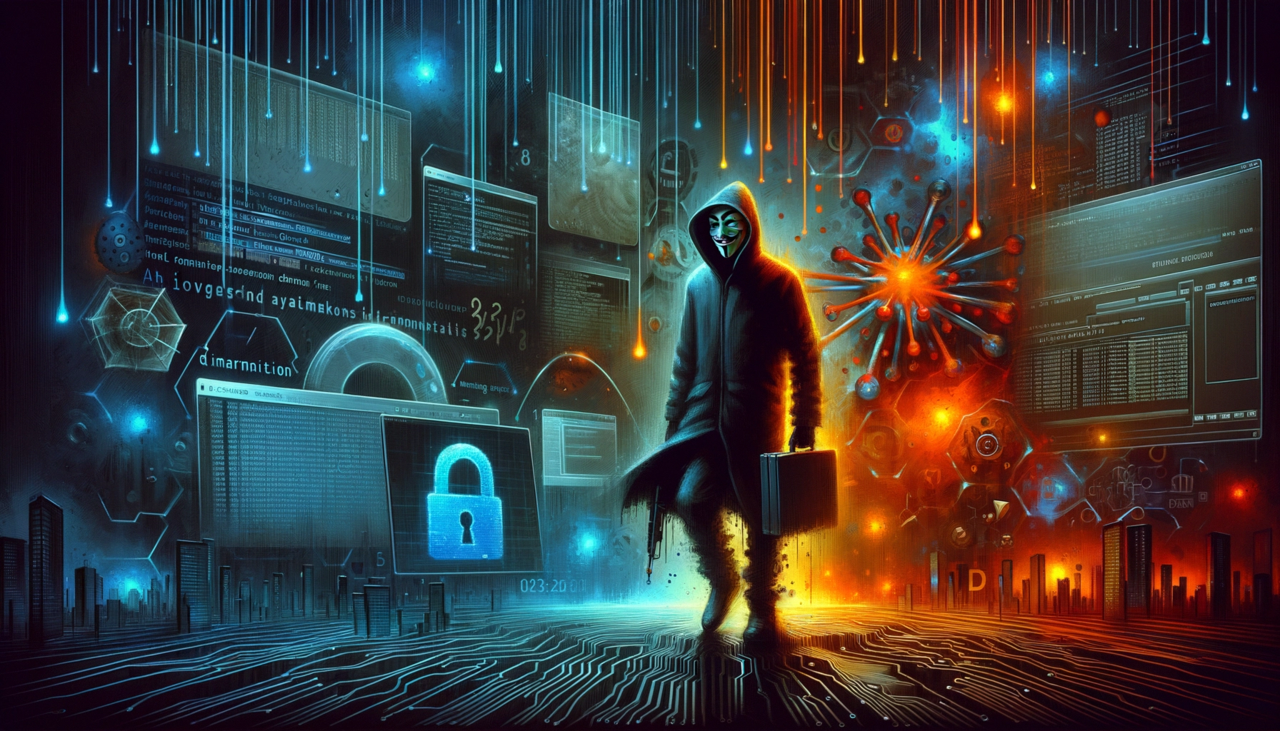 ** Dark figure in a hoodie holding a briefcase, surrounded by digital elements and colorful abstract visuals.