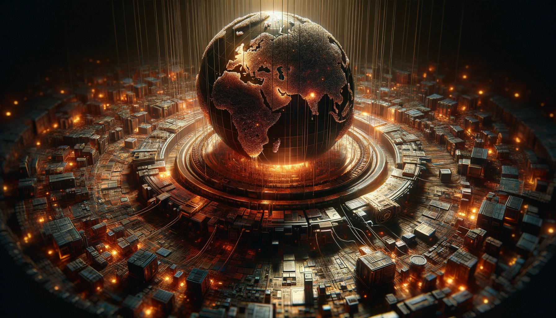 ** 3D rendering of a glowing globe surrounded by digital circuitry and containers, evoking a sense of technology and connection.