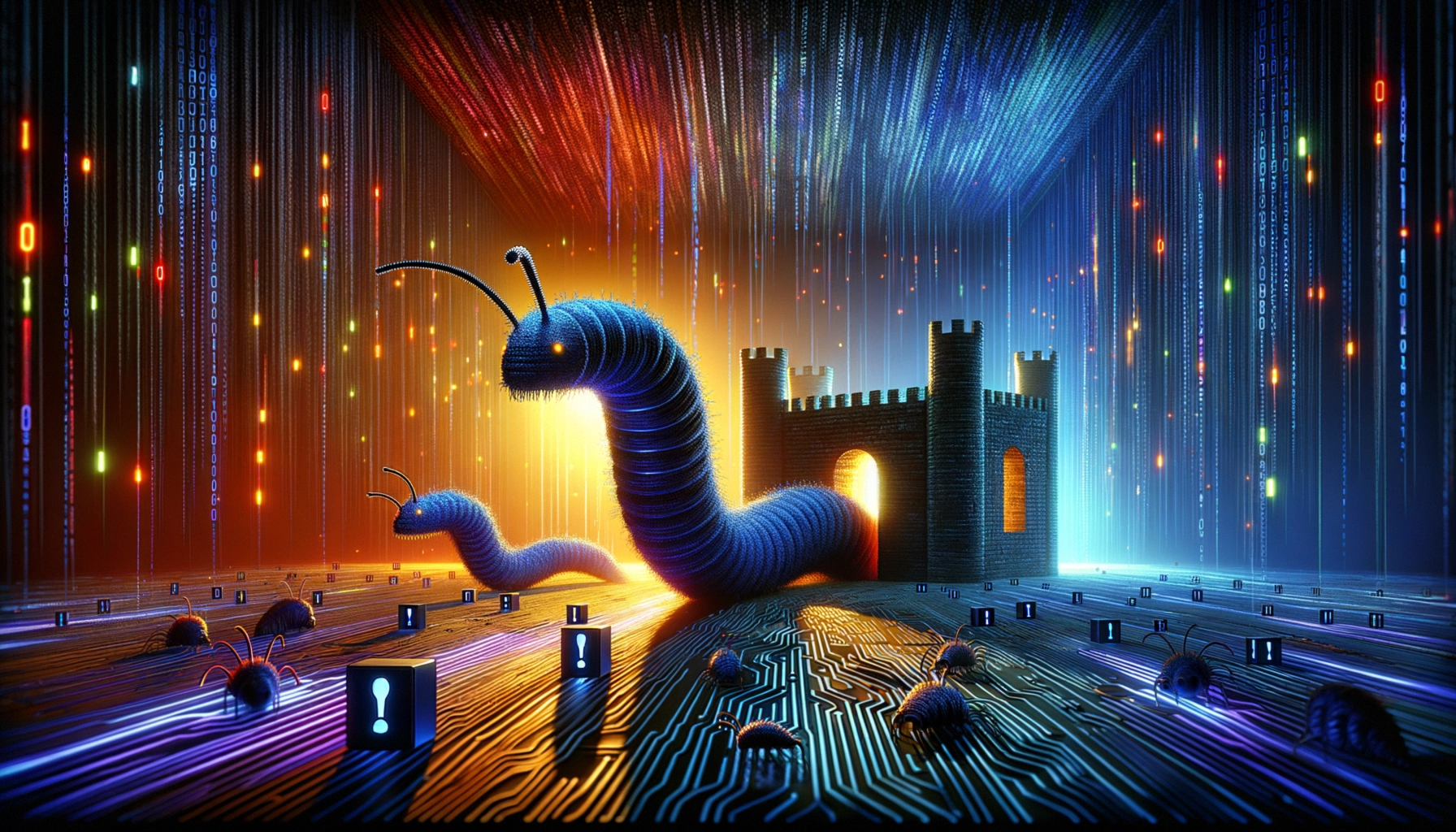 ** A whimsical scene featuring colorful digital worms and a castle against a backdrop of vibrant binary code.