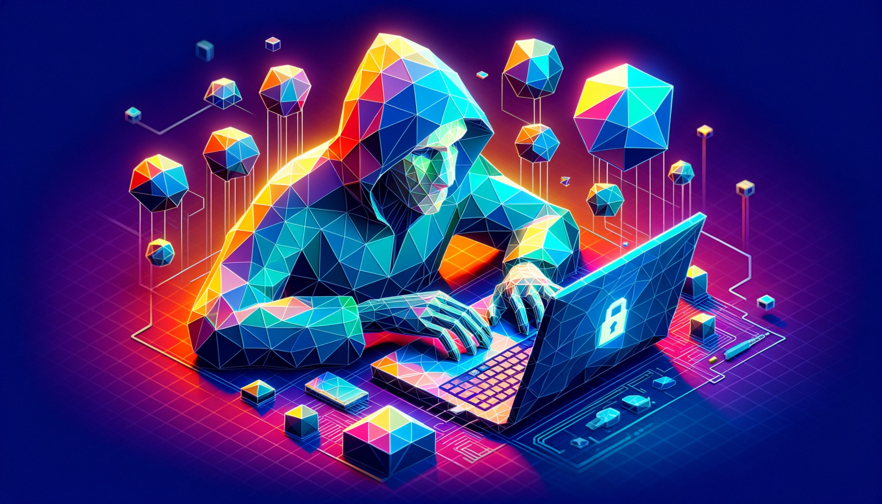 ** A hooded figure at a laptop, surrounded by colorful geometric shapes and digital elements.