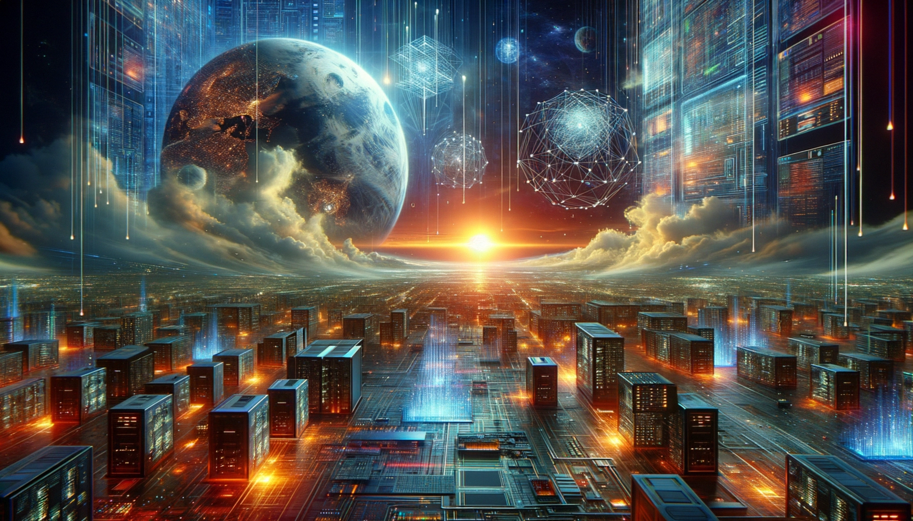 ** A futuristic cityscape with data streams, planets, and a radiant sunset.