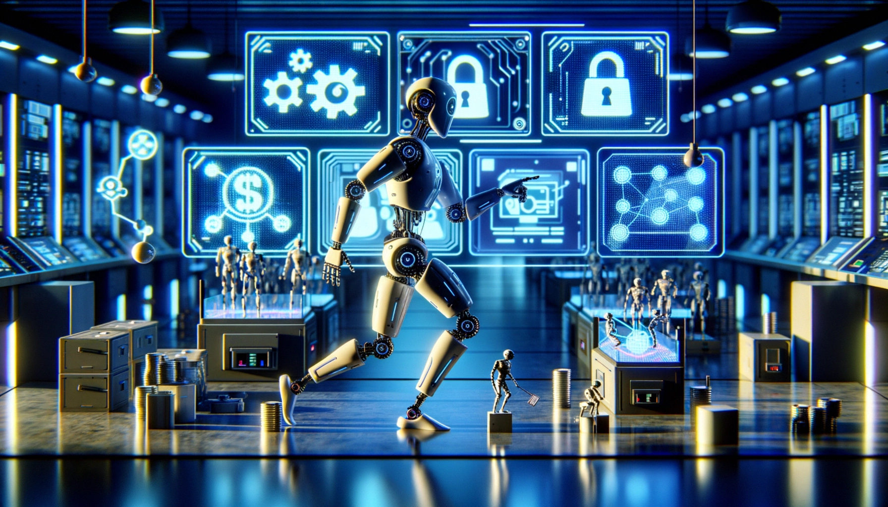 ** A futuristic scene featuring a large robot in a high-tech control room with smaller humanoid figures.