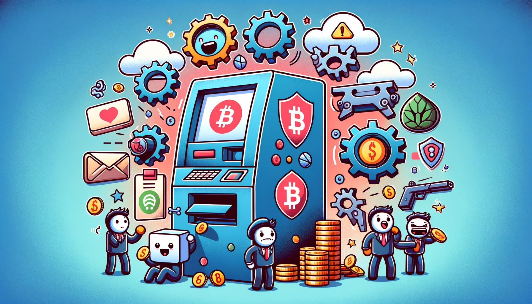 ** Colorful cartoon illustration of a Bitcoin ATM surrounded by various playful elements.