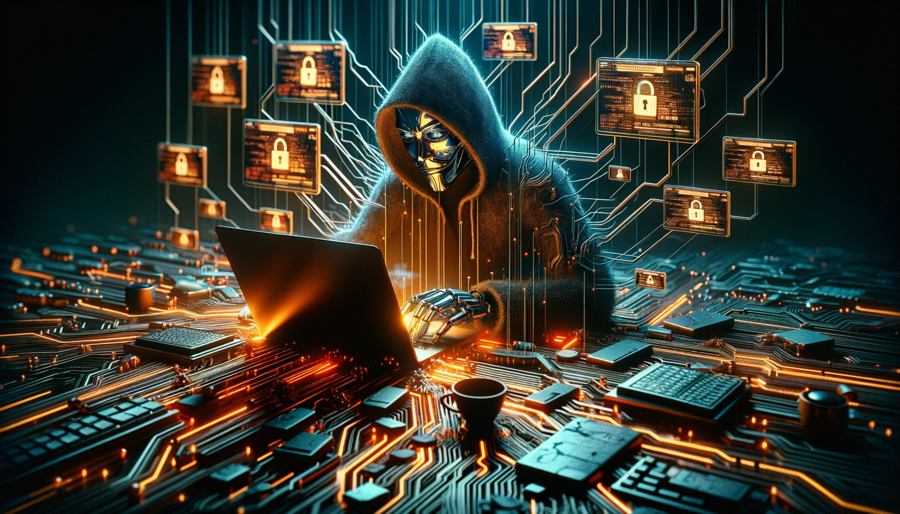 ** A hooded figure with a robotic hand works on a laptop, surrounded by digital locks and circuit patterns.