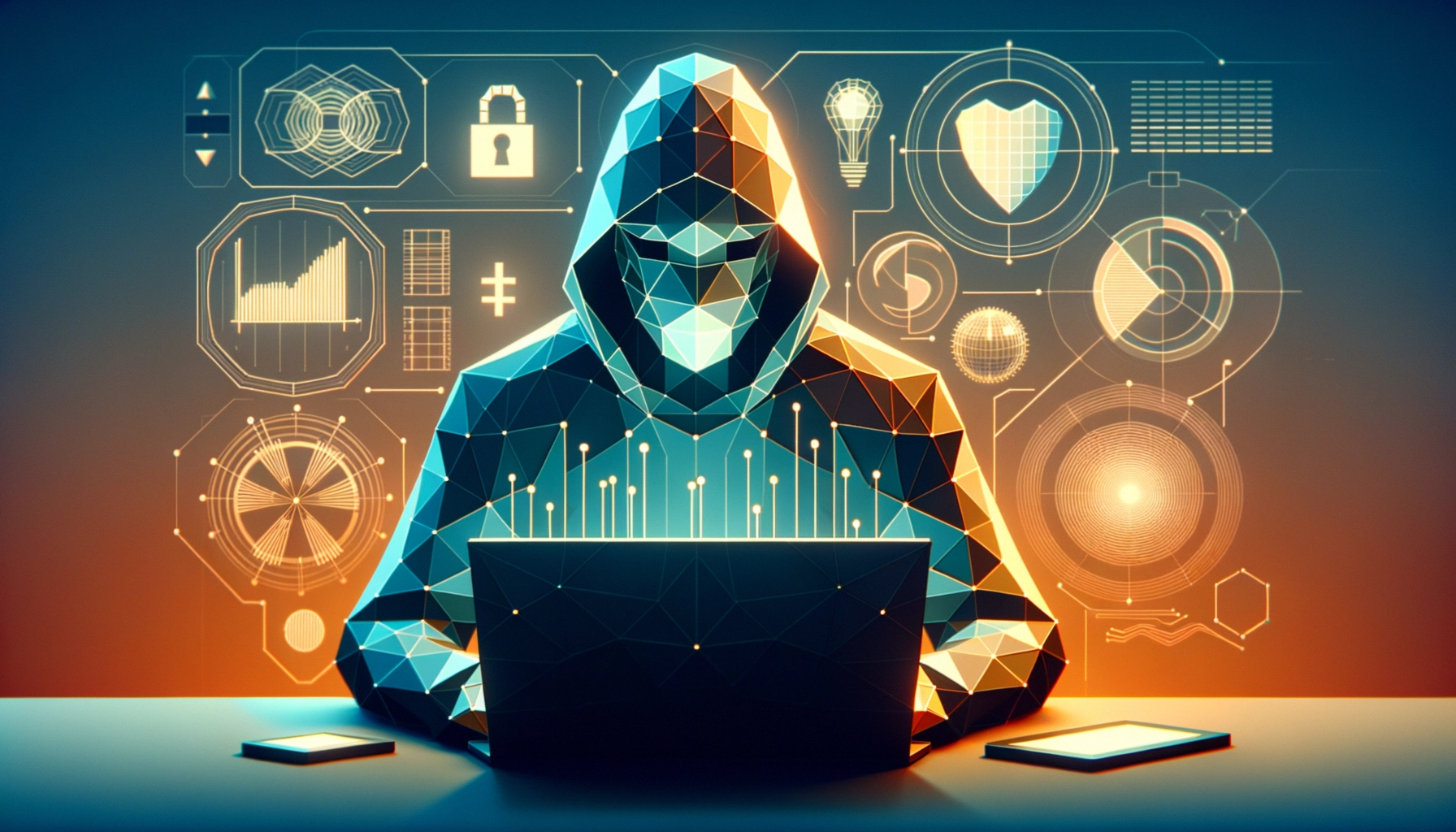 ** Hooded figure in geometric style, working on a laptop with digital security icons in the background.