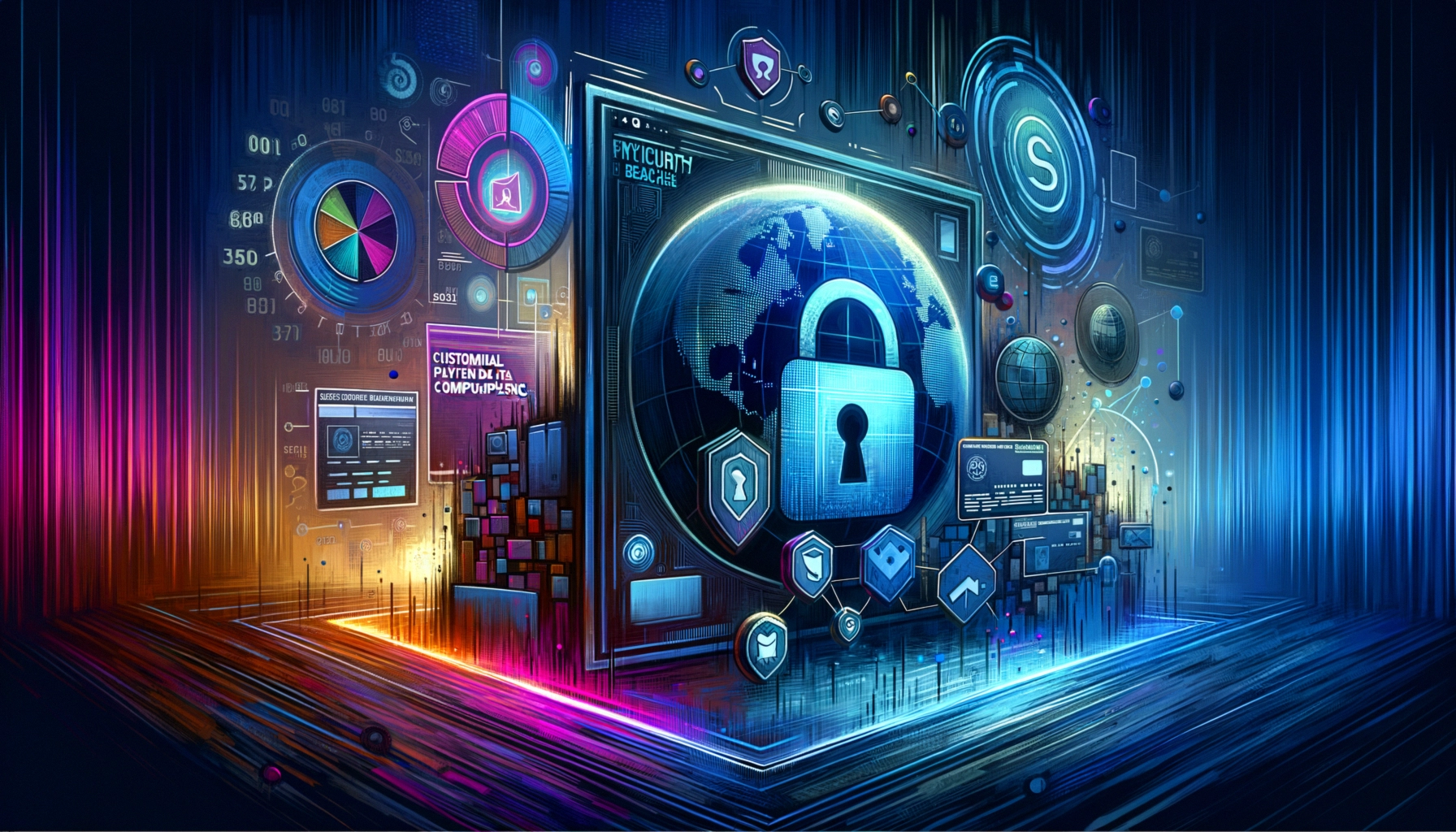 ** Digital landscape showcasing cybersecurity elements, globe, and interactive interfaces.