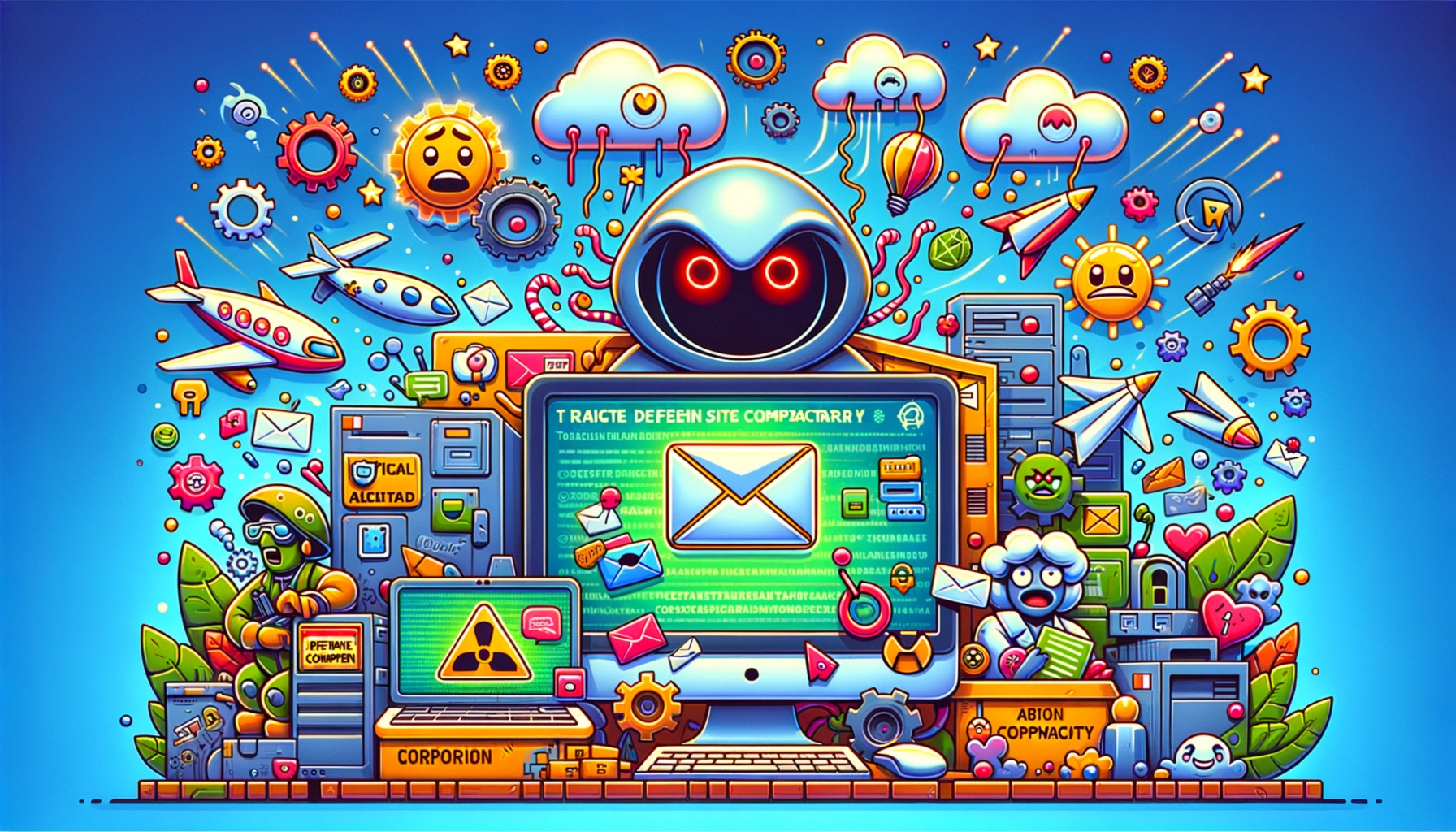 ** Colorful digital artwork featuring a computer, email icons, and playful design elements like clouds and gears.