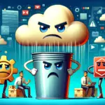 ** Illustration of a cloud, trash can, gear, and figures expressing frustration with data management.