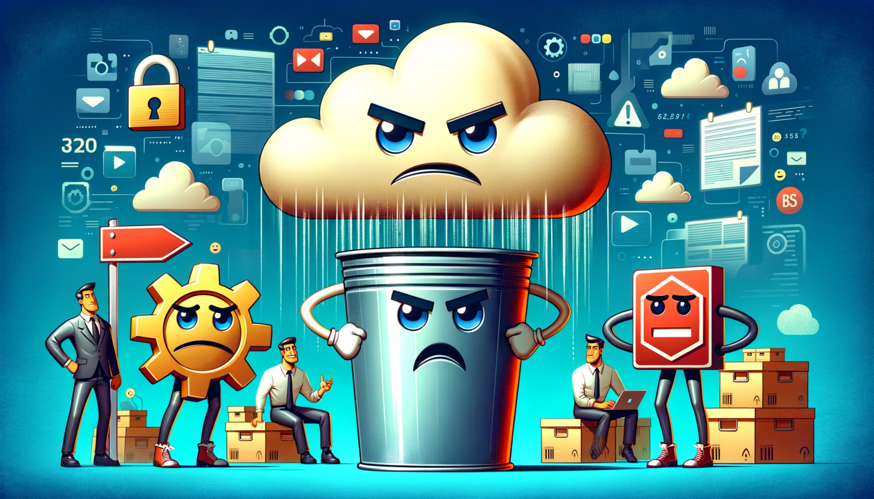 ** Illustration of a cloud, trash can, gear, and figures expressing frustration with data management.