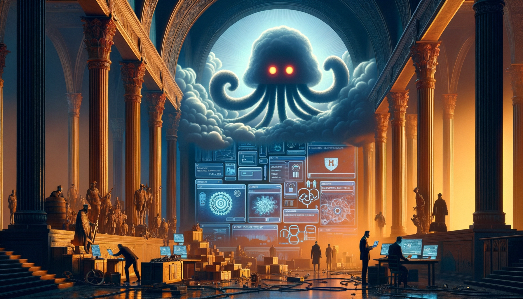 ** A futuristic scene features a colossal creature in a tech-filled temple setting.