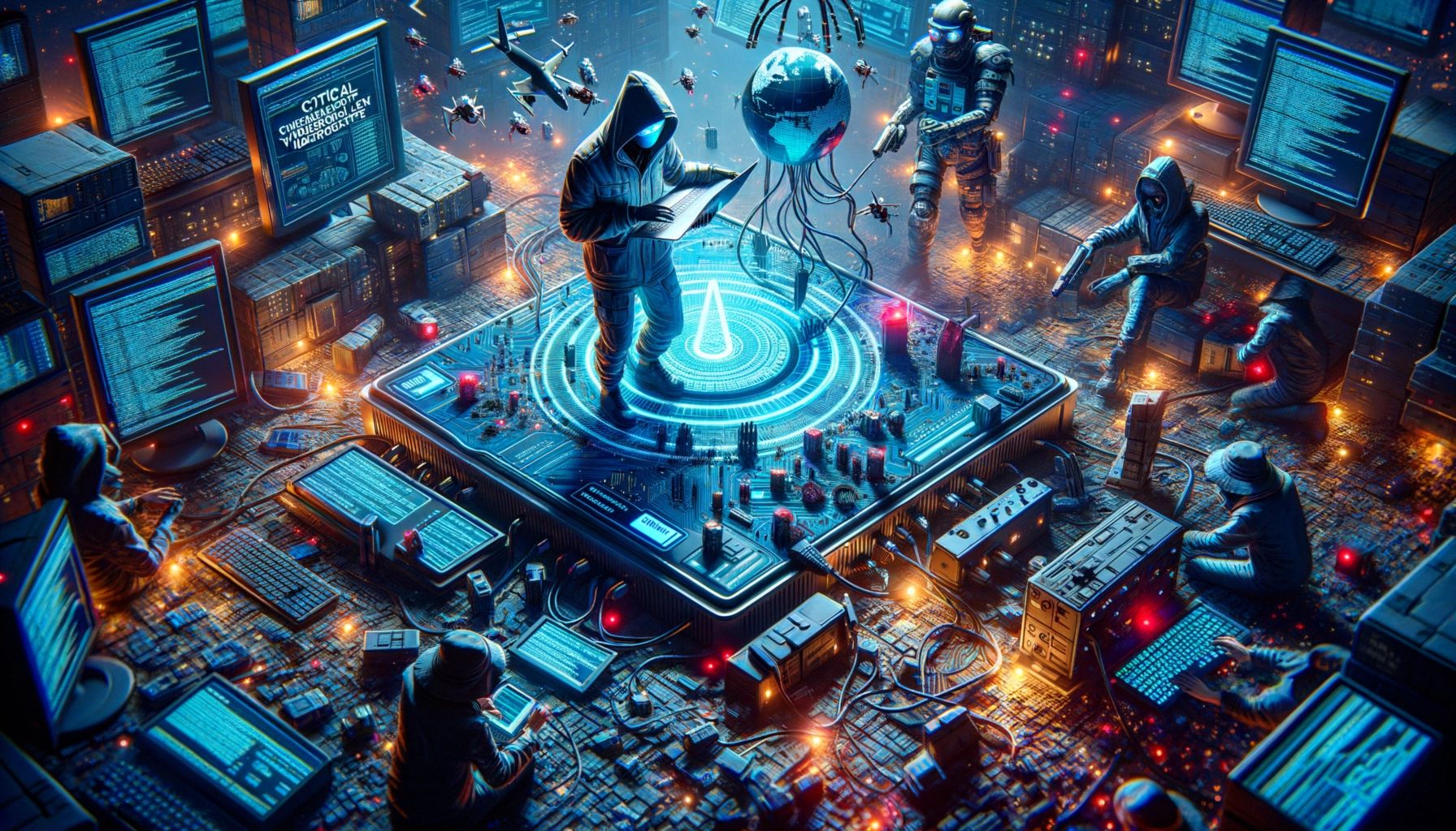 A futuristic digital scene with hooded figures working around tech setups and a holographic globe.